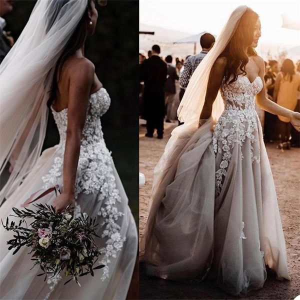 2021 Vestidos de novia bohemios de una línea Vestidos de novia de talla grande Cuello en forma de corazón Apliques 3D Vestidos de novia