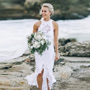 2021 Bohemian Beach Wedding Dress Vestidos de marfil High Low Lace Short Front Slit Long Back Halter Boho Mermaid Vestidos de novia Vestidos296k