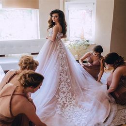 2021 vestidos de boda de campo bohemios Sexy correa de espagueti una línea de apliques de tul de talla grande vestidos de novia bohemios 223K