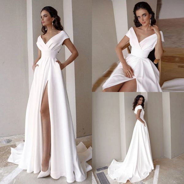 Boho Garden A Line Abiti da sposa Semplice in raso con spalle scoperte Sexy High Split Beach Abiti da sposa modesti Sweep Train Vestidos De Novia Custom Made Fashion AL7705