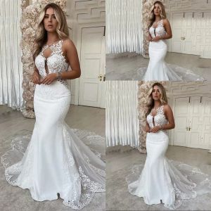 2021 Boho Sirène Robes De Mariée Robe De Mariée Sans Manches En Dentelle Applique Sexy Dos Nu Sur Mesure Plus La Taille Boutons Couverts Chapelle Train Vestidos De Novia