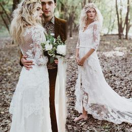 2021 Boho robes de mariée 1/2 demi-manches dentelle illusion dos haut bas col en V sur mesure pays mariage robe de mariée robe de mariée