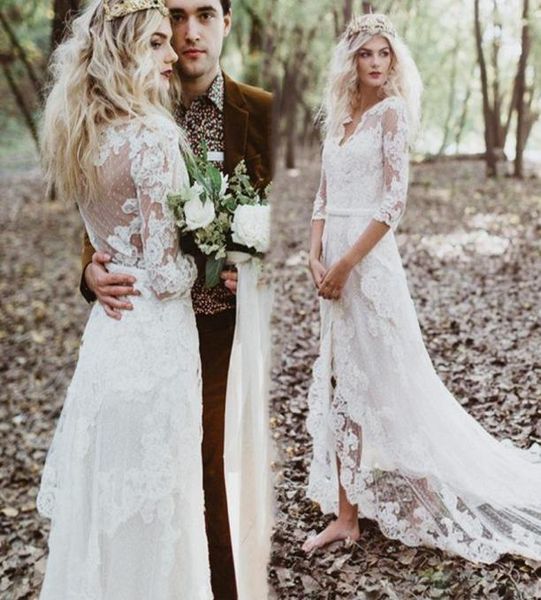 2021 Vestidos de novia bohemios 12 medias mangas Ilusión de encaje Espalda Cuello en V alto y bajo Vestido de novia de boda campestre hecho a medida robe de mari7922548