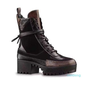 2021 laarzen winter grof hak vrouwen schoenen woestijn laarzen 100% lederen flamingo's liefde pijl medaille laarzen lace up hoge hakken grote maat 35-42