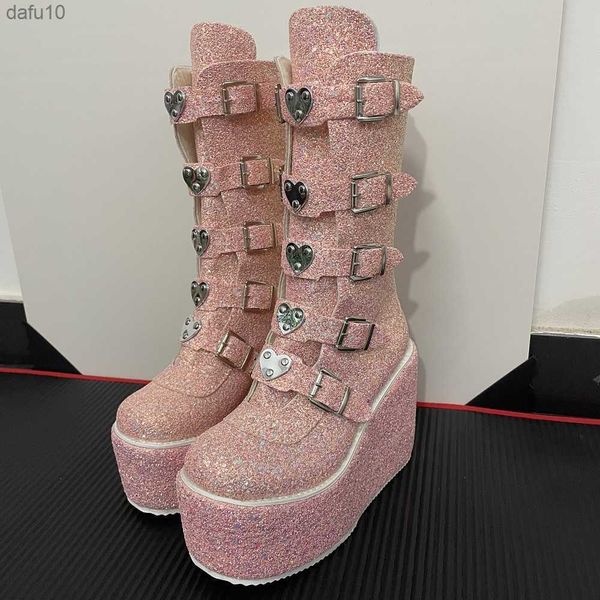2021 marca de moda calle gótica cuñas frescas zapatos de mujer hebillas tamaño grande 43 botas de motocicletas con plataforma gruesa rosa brillante