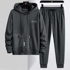 2021 Gloednieuwe Zwart Grijze Pullover Trainingspak Mannen Plus Size Streetwear Big Pockets Herenhoodie Sets Hooded Jogger Sweat Suits X0909