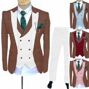2021 Nouveaux designs Burdy Costume à carreaux Hommes avec gilet blanc Pantalon personnalisé Slim Fit Blazer Marié Dîner de mariage Dr Tuxedo S7WA #