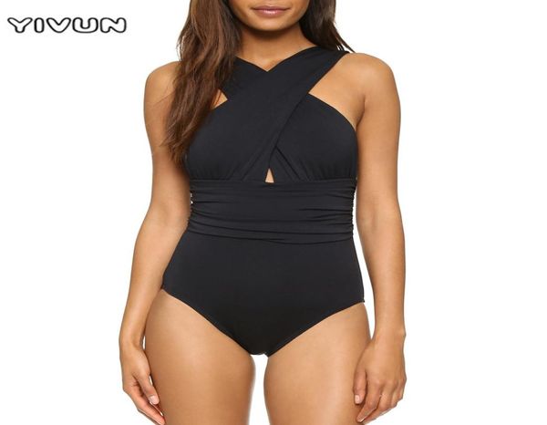 2021 Maillot de bain bikini brésilien Sexy Cross Halter Femmes Maillot de bain une pièce Noir Rouge Solide Baignade Beach Wear Swim Retro Suits4341184