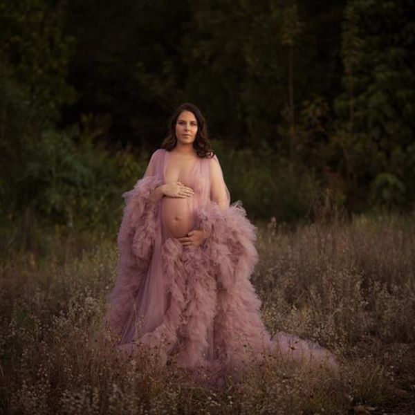 Robes de maternité en Tulle rose pour mariée, transparente, moelleuse, robe de soirée, manches longues, robe de soirée pour femmes, 2021