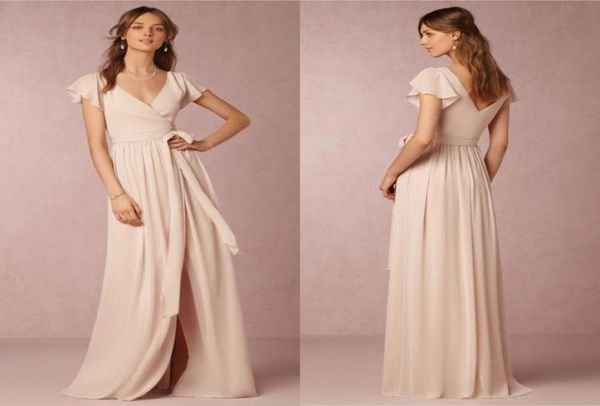 2021 Robes de demoiselle d'honneur pas cher Aline Vneck manches courtes fendues en mousseline de soie nue rose demoiselle d'honneur robes d'occasion spéciale pour mariage3927652