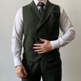 2021 Gilets de marié vert britannique à double boutonnage en laine marron à chevrons en tweed gilet pour hommes costume de bal de mariage gilet dress240c