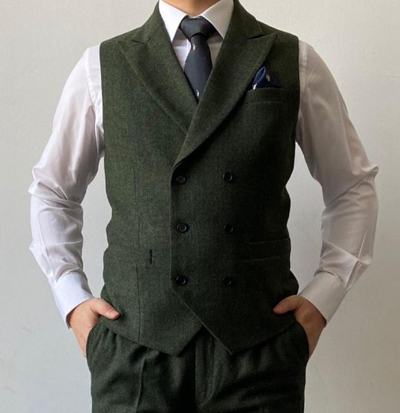 2021 Gilets de marié vert britannique à double boutonnage en laine marron à chevrons Tweed Groomsmen Gilet Costume pour hommes Gilet de mariage de bal Dress2636402