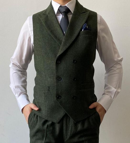 2021 Gilets de marié vert britannique à double boutonnage en laine marron à chevrons Tweed Groomsmen Gilet Costume pour hommes Gilet de mariage de bal Dress4432840