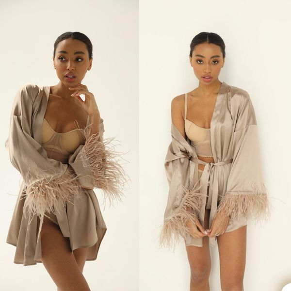 2021 Champagne kimono Femmes Robes Satin Ruban Vêtements De Nuit Wraps Plume Peignoir Chemise De Nuit Robe De Bal Cape Africaine Cape Robe De Maternité Photographie