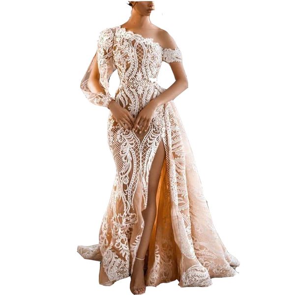 2021 Champagne Une Épaule Sirène Robes De Mariée Robes De Mariée Formelles Cuisse Fentes À Manches Longues En Dentelle Blanche Appliques Overskirt Det3238