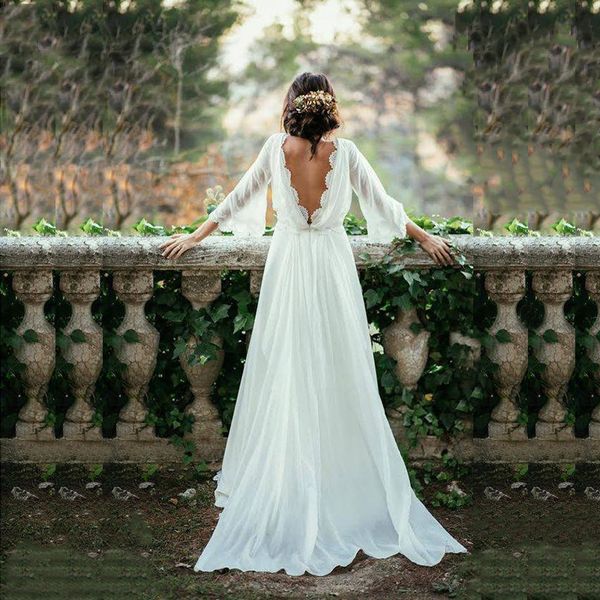 2021 charmantes robes de mariée en mousseline de soie blanche dos nu robes de mariée Boho trois quarts manches dentelle col en V