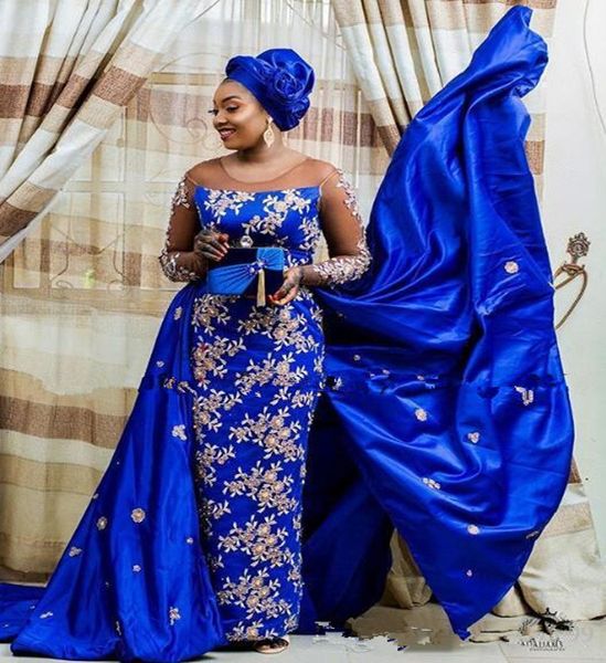 2021 Pas cher Royal Blue Aso Ebi gaine robes de soirée Nigeria avec des appliques de dentelle 3D train détachable Arabie grande taille Celebrity pr2475