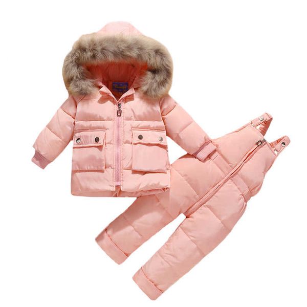 2021 niños Otoño Invierno chaqueta fina de plumón Parka de piel Real niño bebé monos niños abrigo traje de nieve ropa de nieve conjunto de ropa para niñas H0909