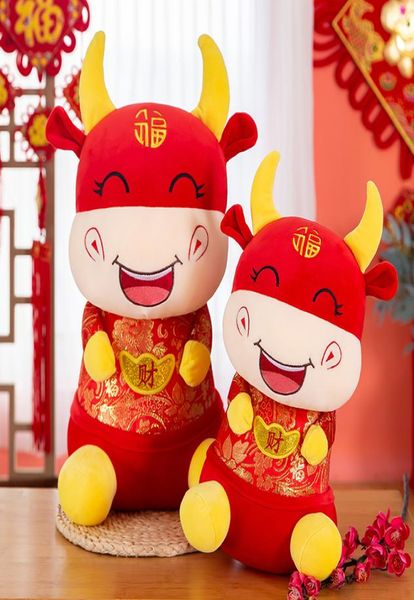 2021 Nouvel An chinois Zodiaque Plance bœuf bovins Animaux en peluche Mascot Toys Nouvel An Cadeaux Rouge 20cm 25cm1896272