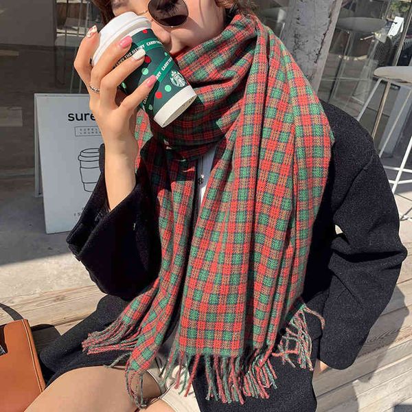 2021 Christmas Red Green Bandana Foulards Femmes Echaparpe Femme Hiver Luxe Tassel Fête Foulard Bufandas