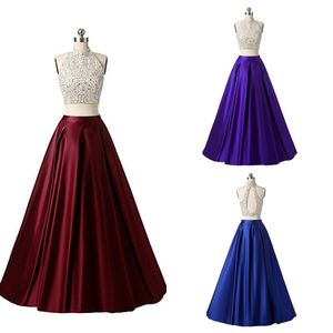 2021 Klassieke Hoge Neck Homecoming Prom Dresses Satijn Lange 2 Stuks Kralen Open Back Jurk Evening Draag Formele Bruidsmeisjes Jurk Glozen Goedkoop