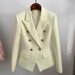 2021 classique blanc femmes Blazer automne or double boutonnage bouton mince coton lin Blazers vestes costume livraison directe X0721