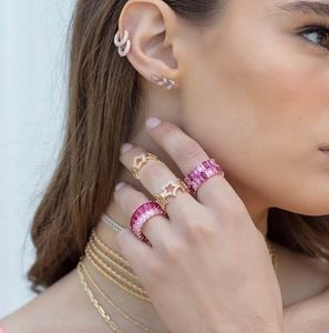 2021 Kleurrijke mode-sieraden roze pink Pastel Rainbow Baguette CZ Eternity Ring Engagement Band Ringen 5 6 7 8 9 Groothandel