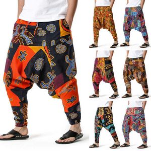 2021 pantalons décontractés en coton et lin pantalons imprimés pour hommes grande taille pantalons hip-hop amples pantalons larges pour hommes et femmes rétro X0723