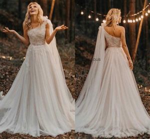 2021 Country Wedding Jurken Bridal Jurk One Shoulder Lace Applique Tule Sweep Train Custom Made Plus Size Mouwess Vestidos de Novia