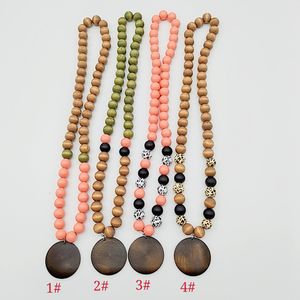 Collier de perles en bois perlé personnalisé transfrontalier mode multicolore imprimé léopard pendentif disque chaîne de chandail