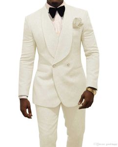 2021 Custom Made Ivory Jacquard Groomsmen Bruidegom Tuxedos Double Breasted Mannen Pakken Bruiloft Best Man Blazer 2 Stuks Kostuum Homme X0909