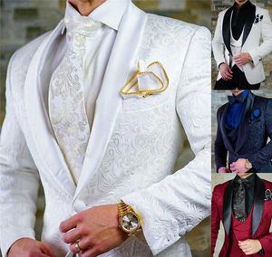 2021 Custom Size Jacquard Groomsmen Wit Bruidegom Tuxedos Sjaal Revers Mannen Past Bruiloft Prom Beste Man Blazer Jas met Broek Set X0909