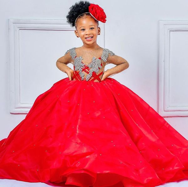 2021 lujosos cristales rojos vestidos de flores para niñas vestido de baile de cuello transparente vestido de novia para niñas vestidos de desfile de comunión ZJ555