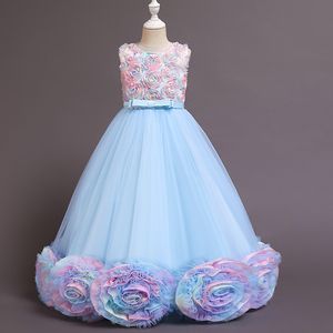 2021 Robes de fleurs mignonnes Jewel Neck 3d Florals Girl Girl Pageant Robe Cascading Ruffle Sweep Train Custom Made Birthd Ball Robes 0510