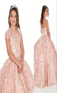 2021 Leuke roségouden lovertjes kantmeisjes optocht jurken kristal kralen blush roze kinderen prom jurk verjaardagsfeestjurken voor kleine 6833214