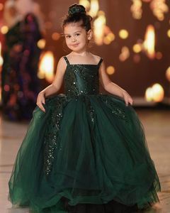 2021 vert foncé dentelle fleur fille robes robe de bal Tulle dos nu Lilttle enfants anniversaire Pageant robes de mariée ZJ001