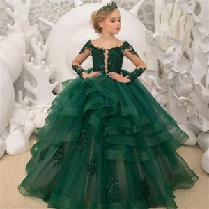 2021 vert foncé dentelle fleur fille robes manches longues perlée robe de bal pure cou tulle lilttle enfants anniversaire pageant mariage Gow268s