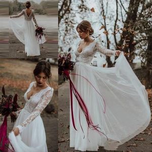 2021 robes de mariée col en V profond festonné manches longues dentelle mousseline de soie longueur de plancher illusion sur mesure robe de mariée de pays Vestid273x