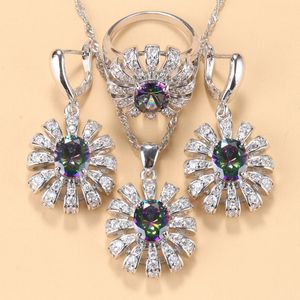 2021 Ensembles de bijoux de designer Couleur d'argent AAA + Boucles d'oreilles en pierre arc-en-ciel Collier Bague pour femme Mode Mariage Costume de mariée