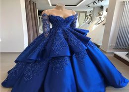 2021 Designer Royal Blue Ball Robe Quinceanera Robes de l'épaule à manches longues Perles à paillettes Vestidos de 15 Anos Sweet 16 17 PR5774474