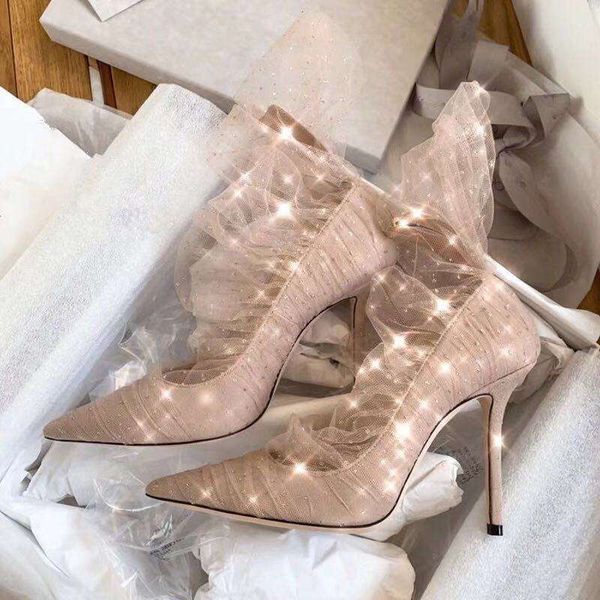Aveline 100 sandalia Diseñador Lujo Mujer Verano Tacones altos Zapatos de boda Metálico Plata Brillo Tela Bombas Marfil Superposición de tul con caja