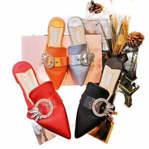 Designer dames sandaal gladglaasje pu veer diamant knop puntige rubberen slippers zilveren zwart rood oranje 34-40