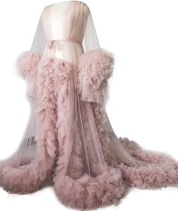 2021 Dust Roze Tule Avondjurken Zwangere Vrouwen Foto Lange Mouwen Ruffles zien Thru Custom Made A-Line Formele Evenement Feestjurk Vestidos