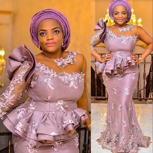 2021 Dusty Pink Vintage Aso EBI Avondjurken Juweel Drillusie Kant Applicaties Kralen Ruches Vloerlengte Mermaid Peplum Prom Toga Drie Kwart Mouwen