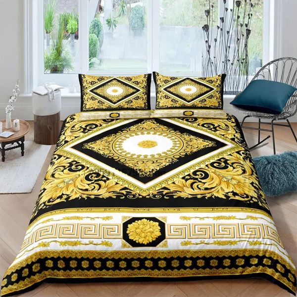 Ensemble de literie de créateurs Baroque MODERN MODERN 3D Golden Lion Animal Linen Set Hover Couverture 3 PCS SEULEMENT Double microfibre 4 PCS