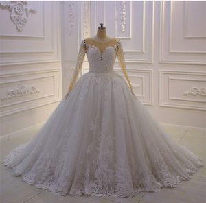 2021 Elegante Baljurk Trouwjurken Sheer Juweel Hals Lange Mouw Prinses Bruidsjurken Sparkly Pailletten Trouwjurk Gewaden De Mariée