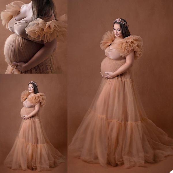 2021 elegante champán de talla grande para mujeres embarazadas una línea de ropa de dormir vestido con volantes camisones para sesión de fotos Lencería albornoz ropa de dormir Baby Shower