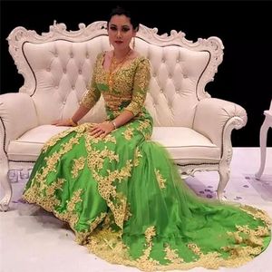 2021 Elegant Gras Groene Mermaid Avondjurken met Gouden Kant Applicaties Thailand Arabische Moslimvrouwen Lange Formele Party Draag Pageant Prom Dress