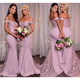 2021 Elegant Sirène Bridesmaid Robes Lace Applique Sweep Sweep Train Made Made of Honor Robe plus taille Party Party Party 0509