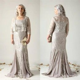 2021 elegante moeder van de bruid jurken met jas kant geappliceerd avondjurken ronde hals sweep trein plus size bruiloft gasten jurk